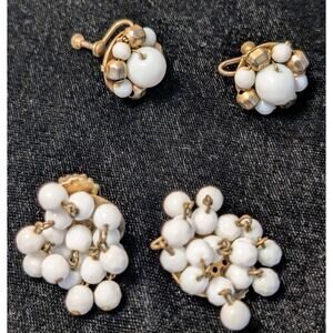 Two Pair Vintage Milk Glass Beaded Earrings One Screw On & One Clip On